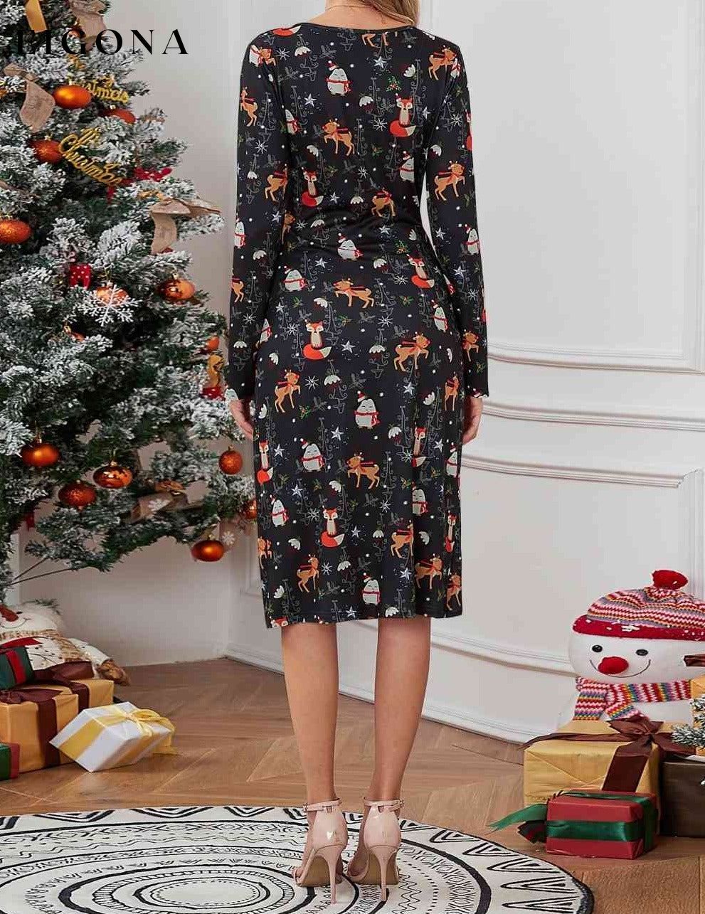 Christmas Element Print Long Sleeve Dress clothes H.Y.G@E Ship From Overseas