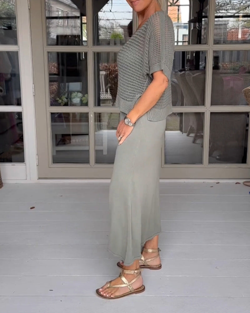 Solid color hollow casual two-piece suit 202466 spring summer two-piece sets