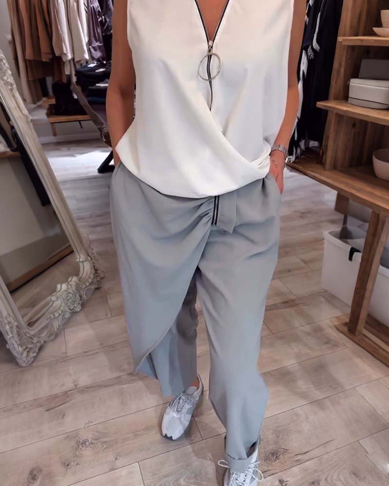 Ärmelloses Tanktop mit halbem Reißverschluss in Volltonfarbe