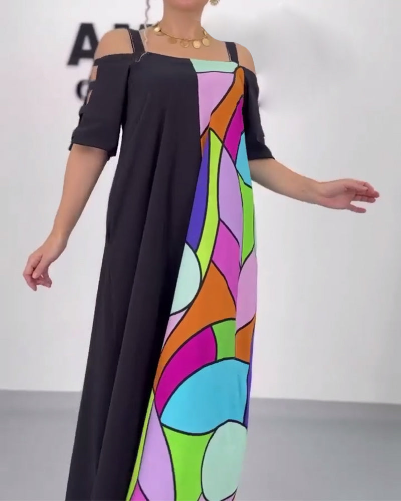 Lockeres Kleid mit schulterfreiem Kontrastdruck