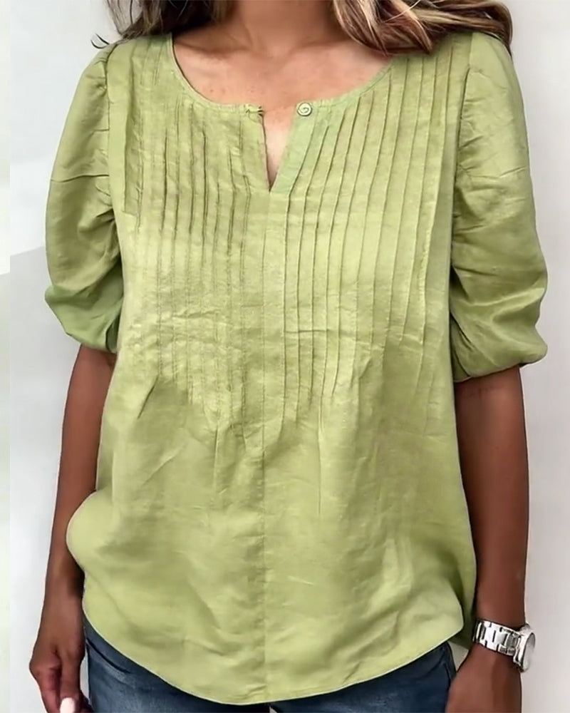 Solid Color V-Neck Puff Sleeve Blouse