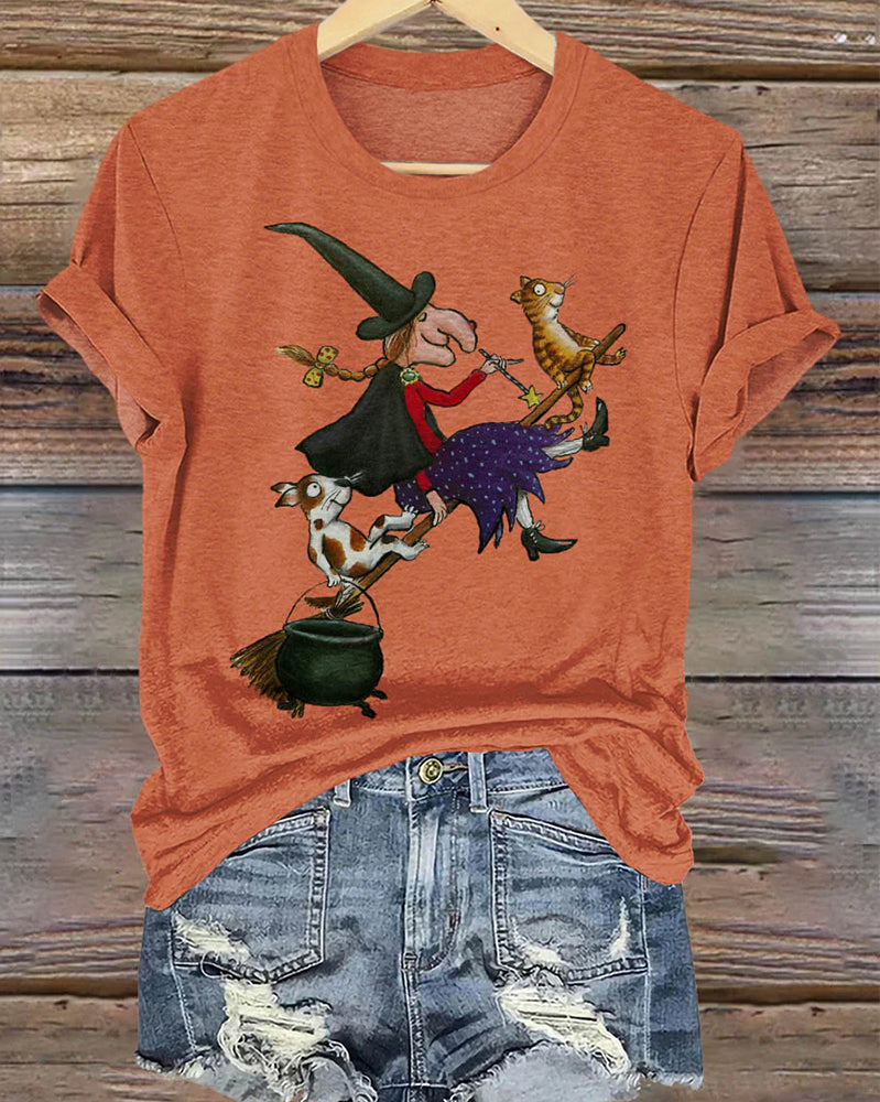 Witch Dog Cat Dark Gothic Halloween Art Print T-shirt 2024 f/w halloween spring summer t-shirts