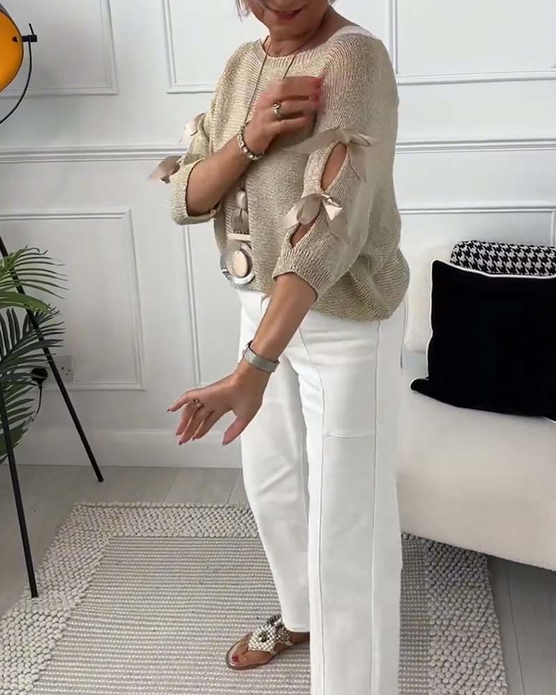 Elegant solid color round neck bow pullover 2023 f/w 202466 pullovers spring