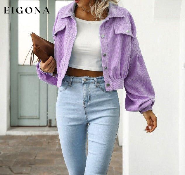 Corduroy Jacket Lantern Sleeve Single Breasted Short Jacket Women Purple Clothes Jackets & Coats