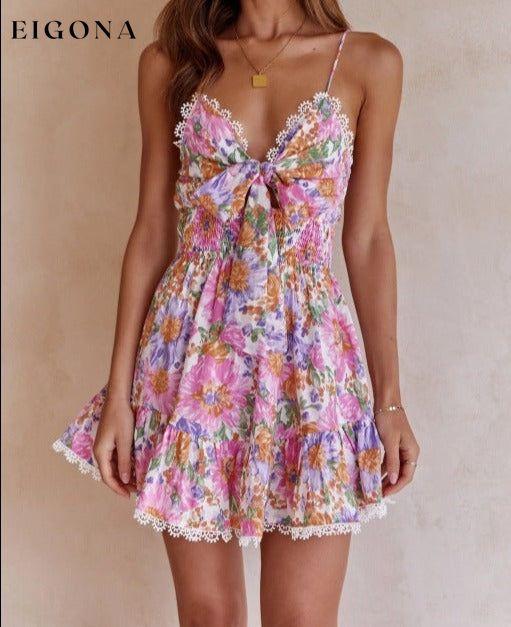 Women's Dress, Floral Chest Knotted Printed Waist Tie Short Dress Pink Clothes dresses short dresses