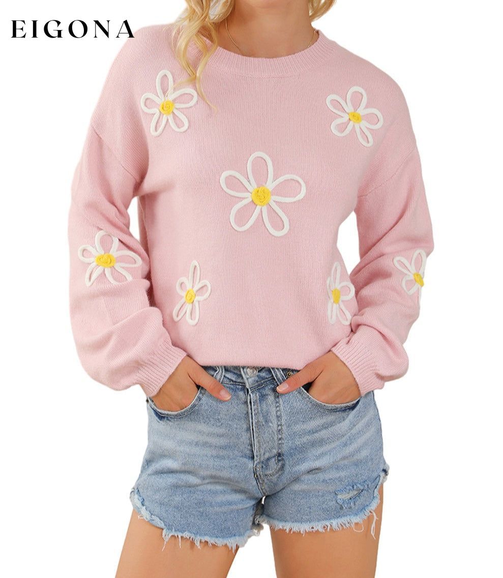 Pink Chenille Daisy Stitching Crew Neck Sweater clothes Sweater sweaters Sweatshirt