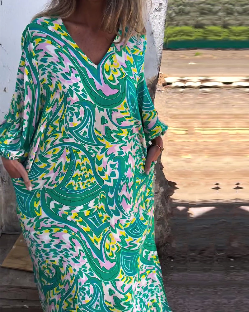 Langärmliges Kleid mit V-Ausschnitt und Resort-Print