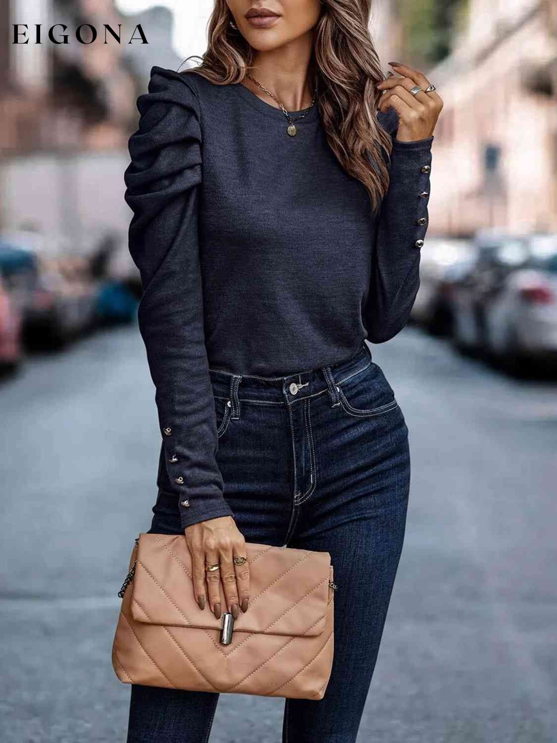 Decorative Button Puff Sleeve T-Shirt A@X@E clothes Ship From Overseas