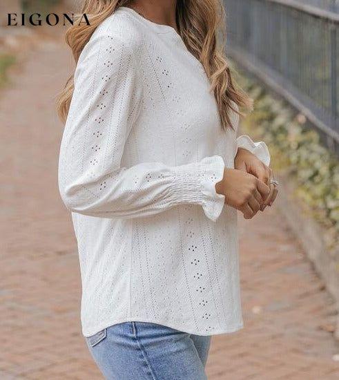 Openwork Notched Flounce Long Sleeve Blouse clothes long sleeve shirt long sleeve shirts long sleeve top long sleeve tops Ship From Overseas shirt shirts SYNZ top tops