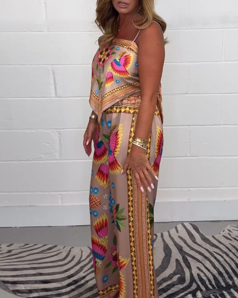 Irregular printed suspenders two-piece suit 202466 summer two-piece sets