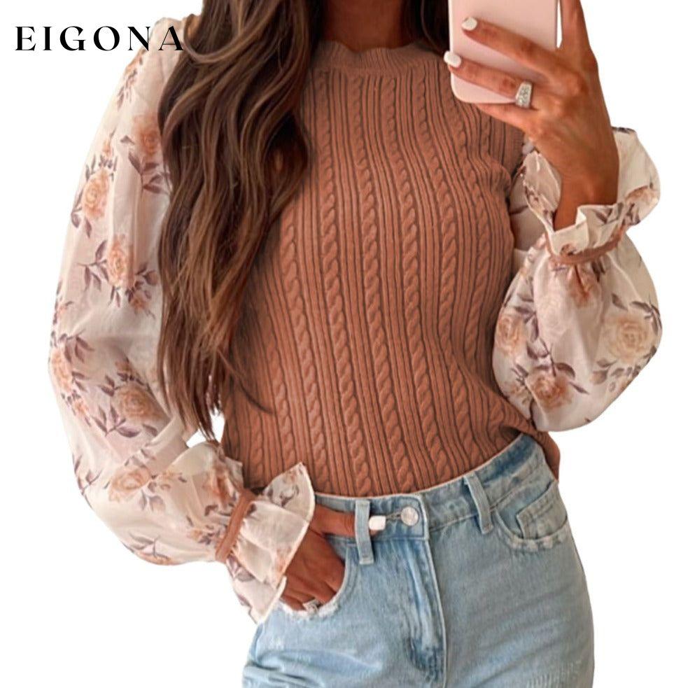 Golden Fleece Floral Patchwork Ruffled Cuff Cable Knit Sweater Best Sellers cable knit clothes EDM Monthly Recomend Fabric Ribbed Hot picks long sleeve shirt long sleeve shirts long sleeve top long sleeve tops Occasion Daily Print Floral Season Fall & Autumn Season Winter shirt shirts Style Southern Belle Sweater sweaters top tops Tops/Blouses