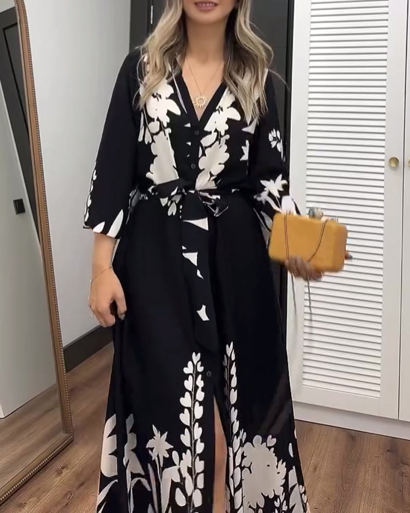 Slit contrast print swing dress 202466 casual dresses spring summer