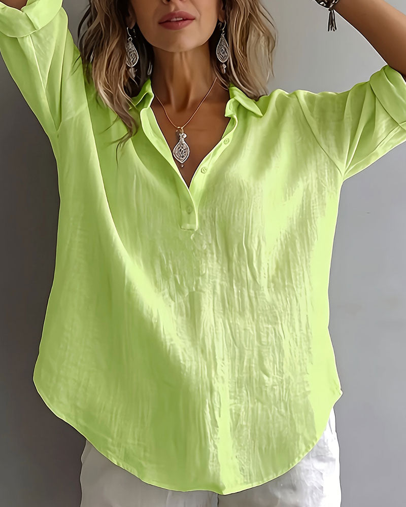 Solid Color Lapel Half-Placket Long Sleeve Blouse