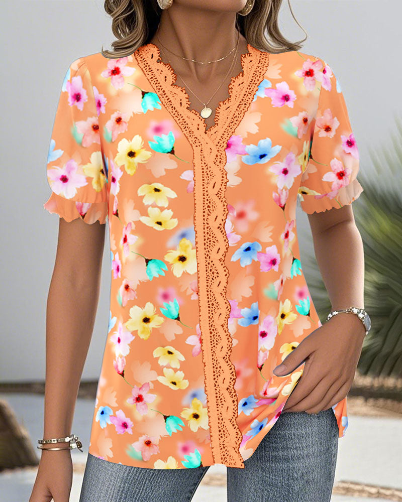V-Neck Lace Short-Sleeved Blouse