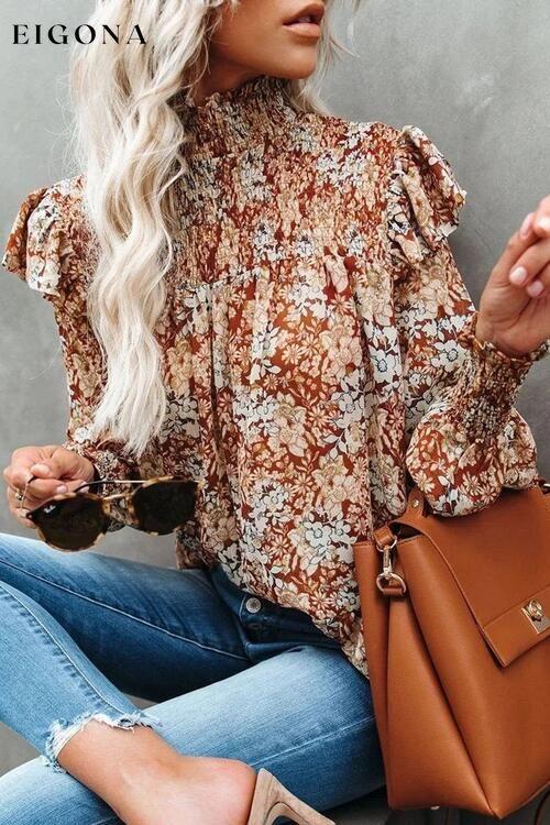 Floral Smocked Lantern Sleeve Ruffled Blouse clothes long sleeve shirt long sleeve shirts long sleeve top long sleeve tops Ship From Overseas shirt shirts SYNZ top tops