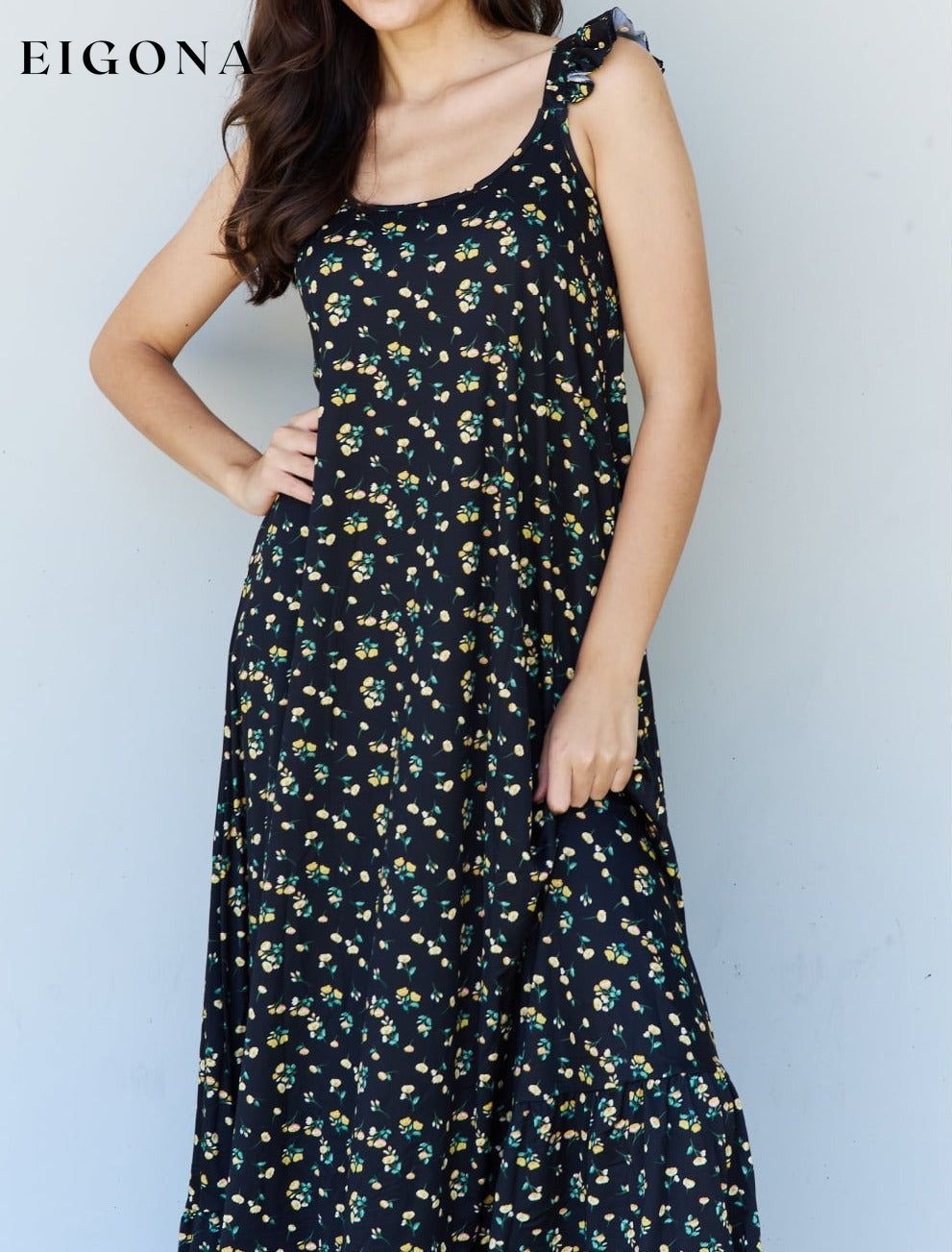 Ruffle Floral Maxi Dress in Black Yellow Floral casual dress casual dresses clothes dress dresses Labor Day Sale maxi dress maxi dresses Ninexis Ship from USA