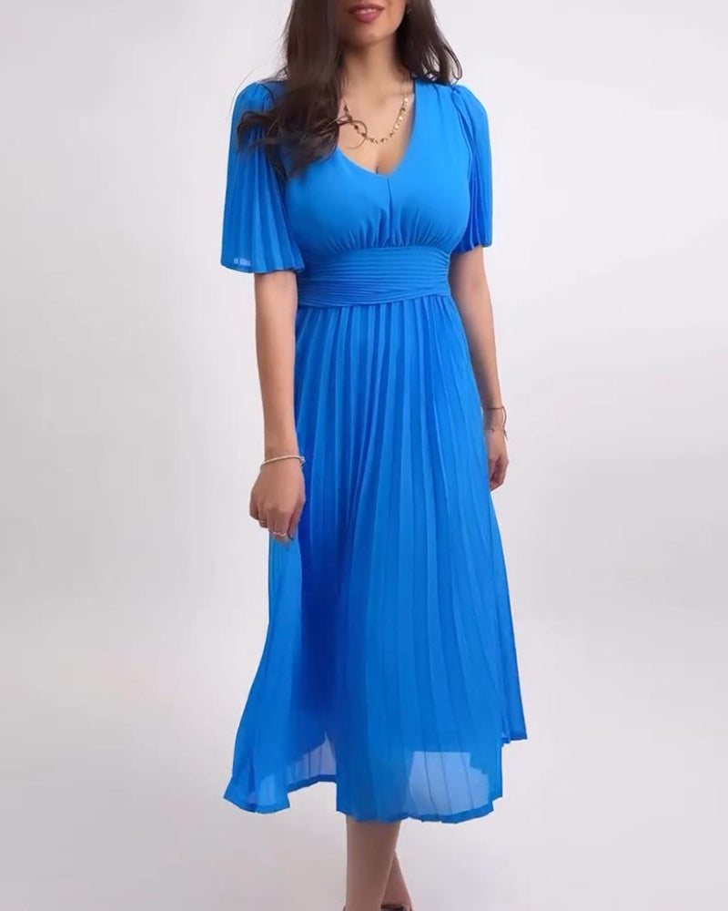 Elegant solid color V-neck pleated dress 202466 casual dresses summer