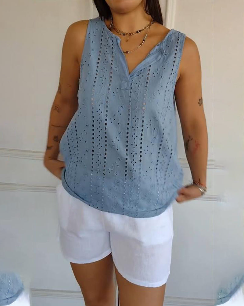Sleeveless Solid Color Hollow Tank Top