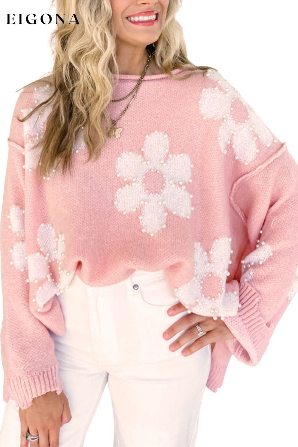Multicolour Pearl Beaded Floral Drop Shoulder Sweater All In Stock clothes Color Pink Craft Bead EDM Monthly Recomend Hot picks Print Vintage Floral Season Winter Style Southern Belle Sweater sweaters
