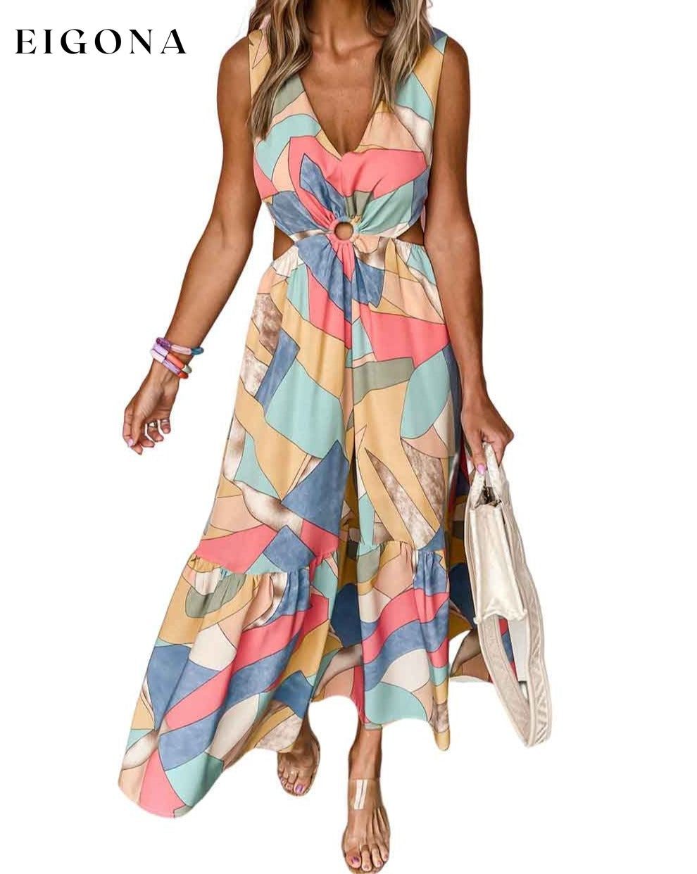 Boho Print O-ring Cut-out Sleeveless Maxi Dress clothes Detail Cut Out Occasion Vacation Print Color Block Season Summer Silhouette A-Line Style Bohemian