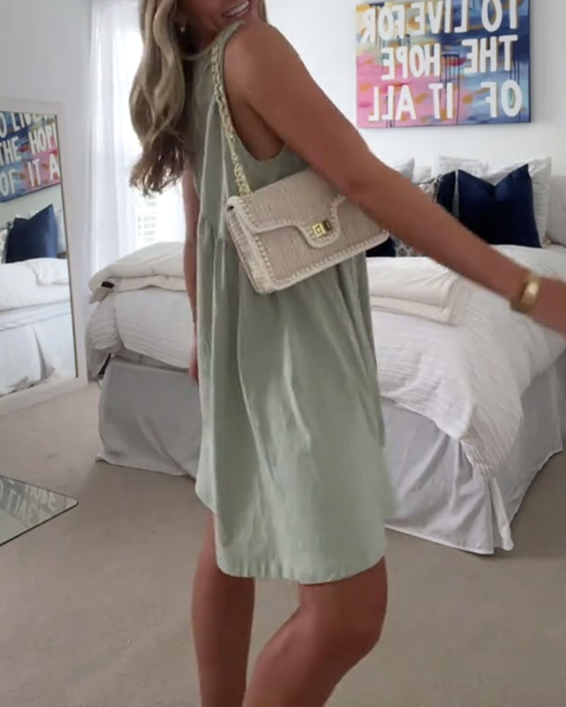 Lässiges, ärmelloses, einfarbiges Kleid mit V-Ausschnitt
