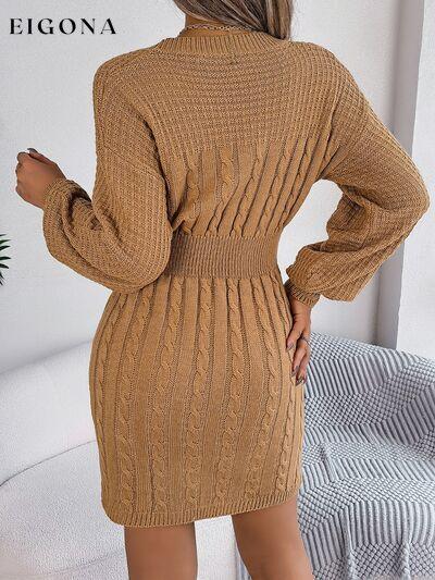 Cable-Knit Cutout Round Neck Slit Long Sleeve Sweater Dress B.J.S clothes dress dresses long sleeve dress long sleeve dresses Ship From Overseas short dresses
