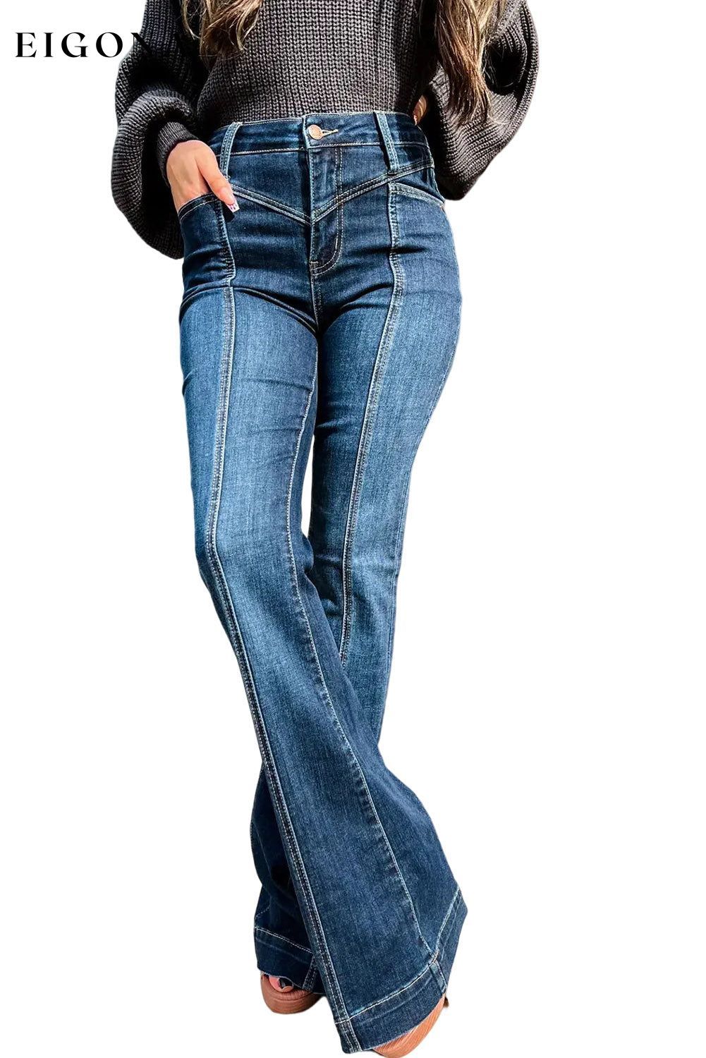 Blue High Waist Seam Stitching Pocket Flare Jeans All In Stock bottoms clothes Color Blue Craft Patchwork Early Fall Collection Hot picks jeans Occasion Daily Season Spring Silhouette Flare Style Western