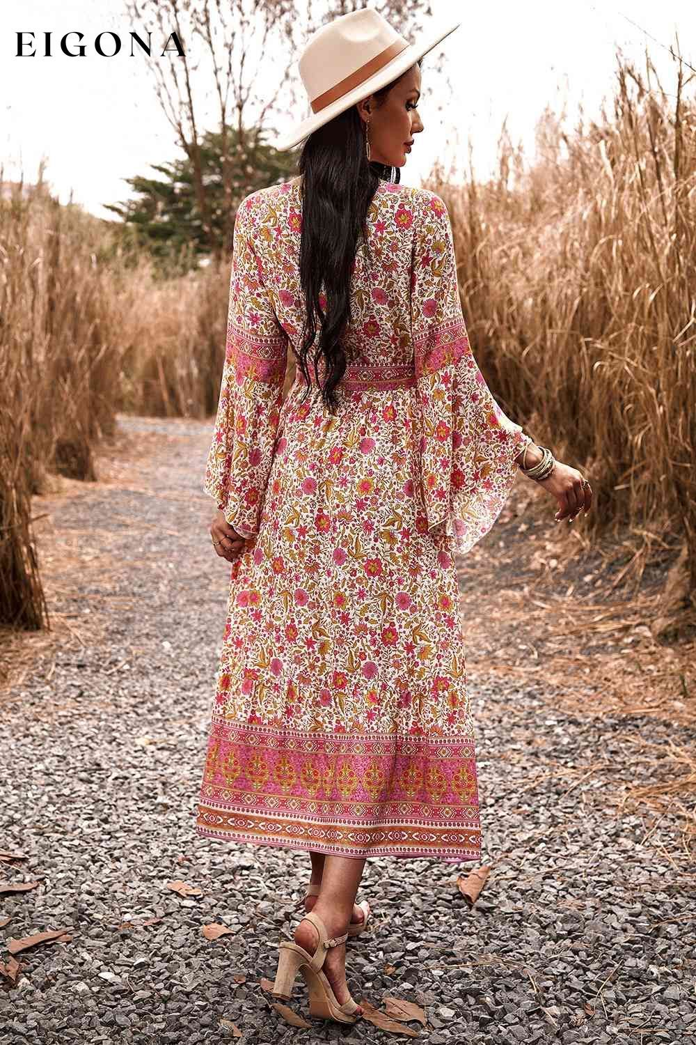 Bohemian Surplice Neck Slit Dress casual dresses clothes dress dresses DY long dresses long sleeve dresses maxi dresses Ship From Overseas