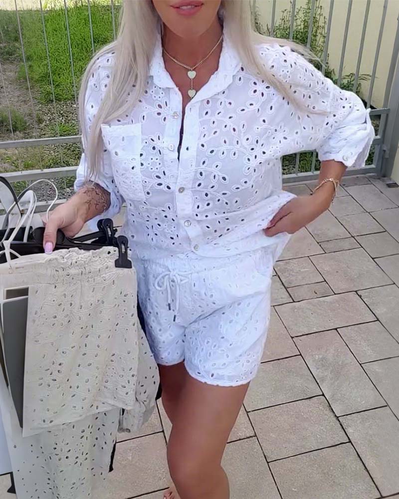 Langärmliges Revers-Hohl-Shorts-Set