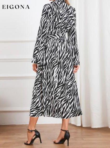 Animal Print Tie Front Ruffle Trim Long Sleeve Casual Maxi Midi Dress casual dresses clothes dress dresses H.Y.G@E long sleeve dress long sleeve dresses maxi dress Ship From Overseas