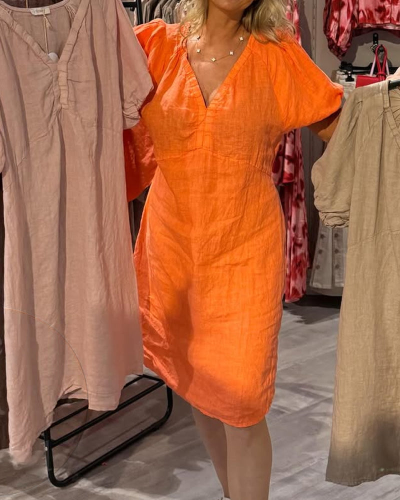 Casual V-Neck Puff Sleeve Dress