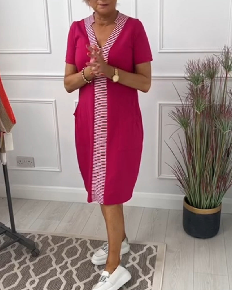 Casual striped print patchwork short-sleeve dress 202466 casual dresses summer