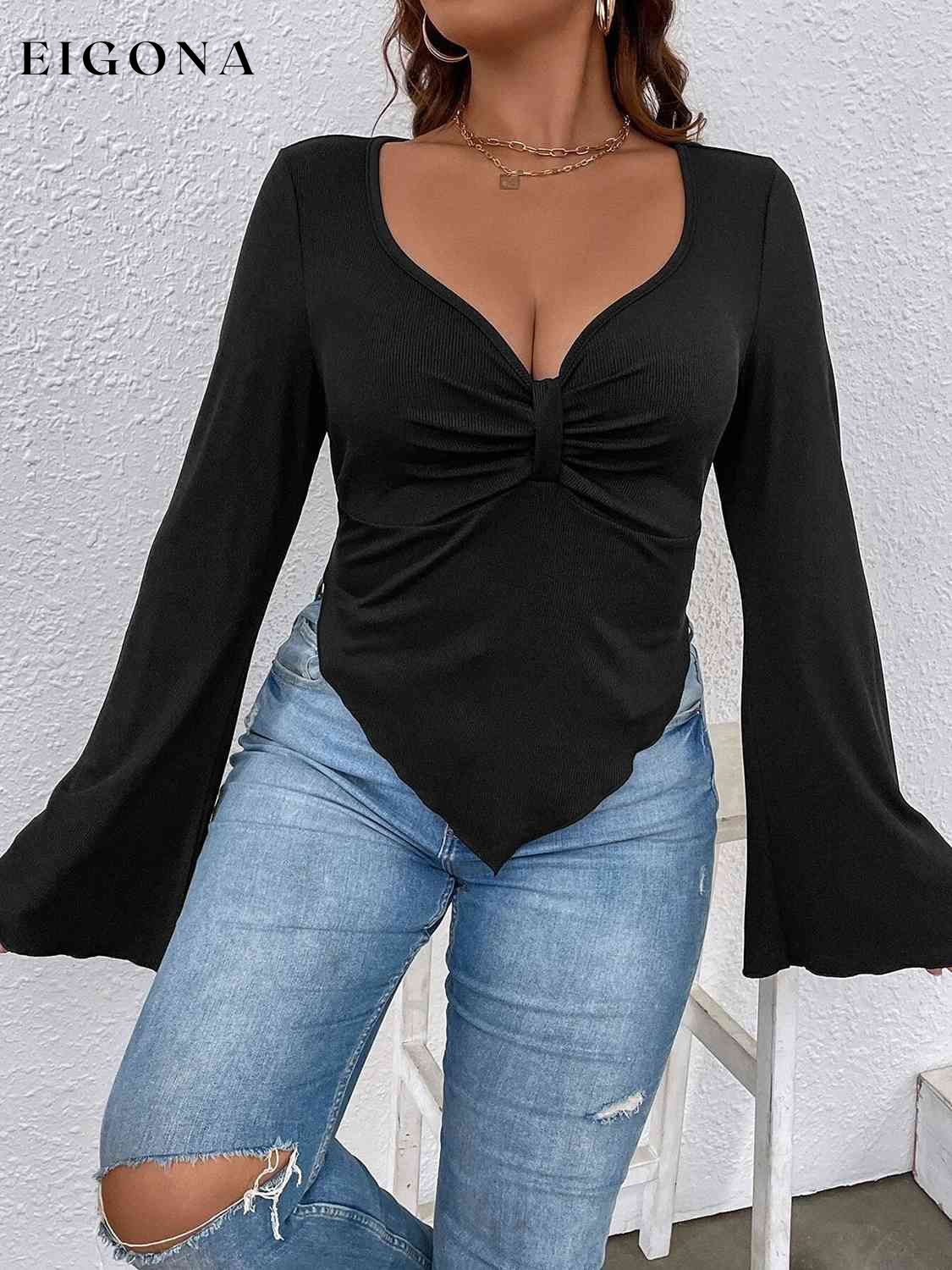 Plunge Flare Sleeve Top clothes long sleeve shirt long sleeve shirts long sleeve top long sleeve tops Ship From Overseas shirt shirts top tops Y@Q@S
