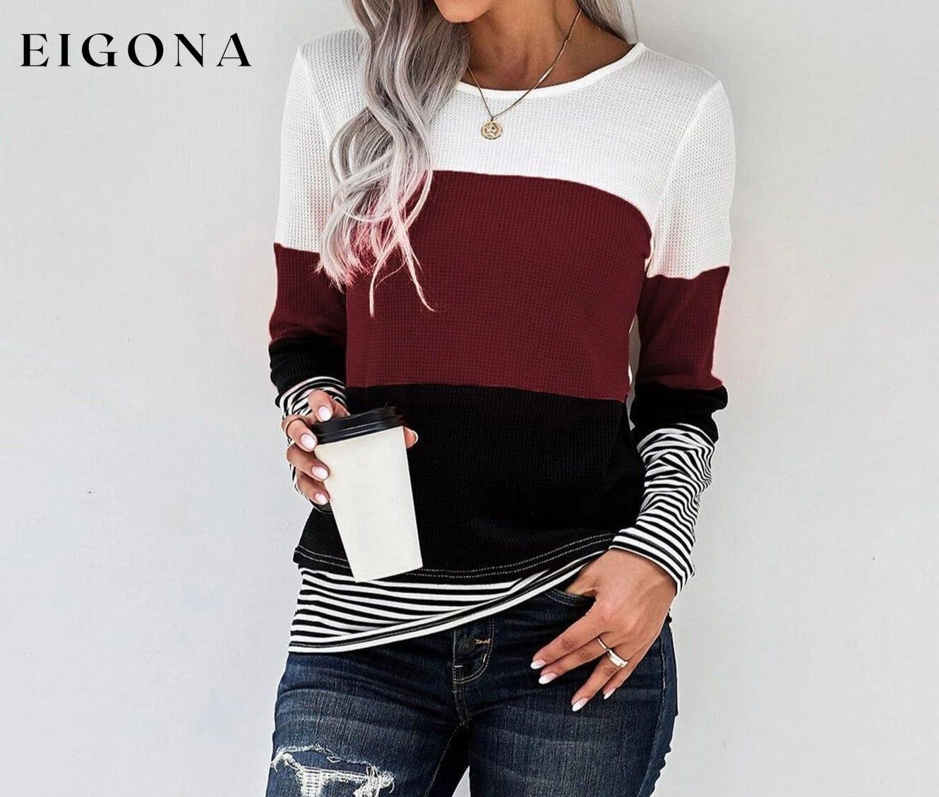 Colorblock Waffle Knit Striped Panel Tee Wine Red __stock:500 clothes refund_fee:800 tops