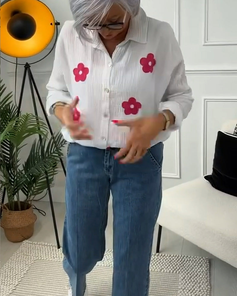 Casual floral print lapel long sleeve shirt 202466 blouses & shirts spring summer