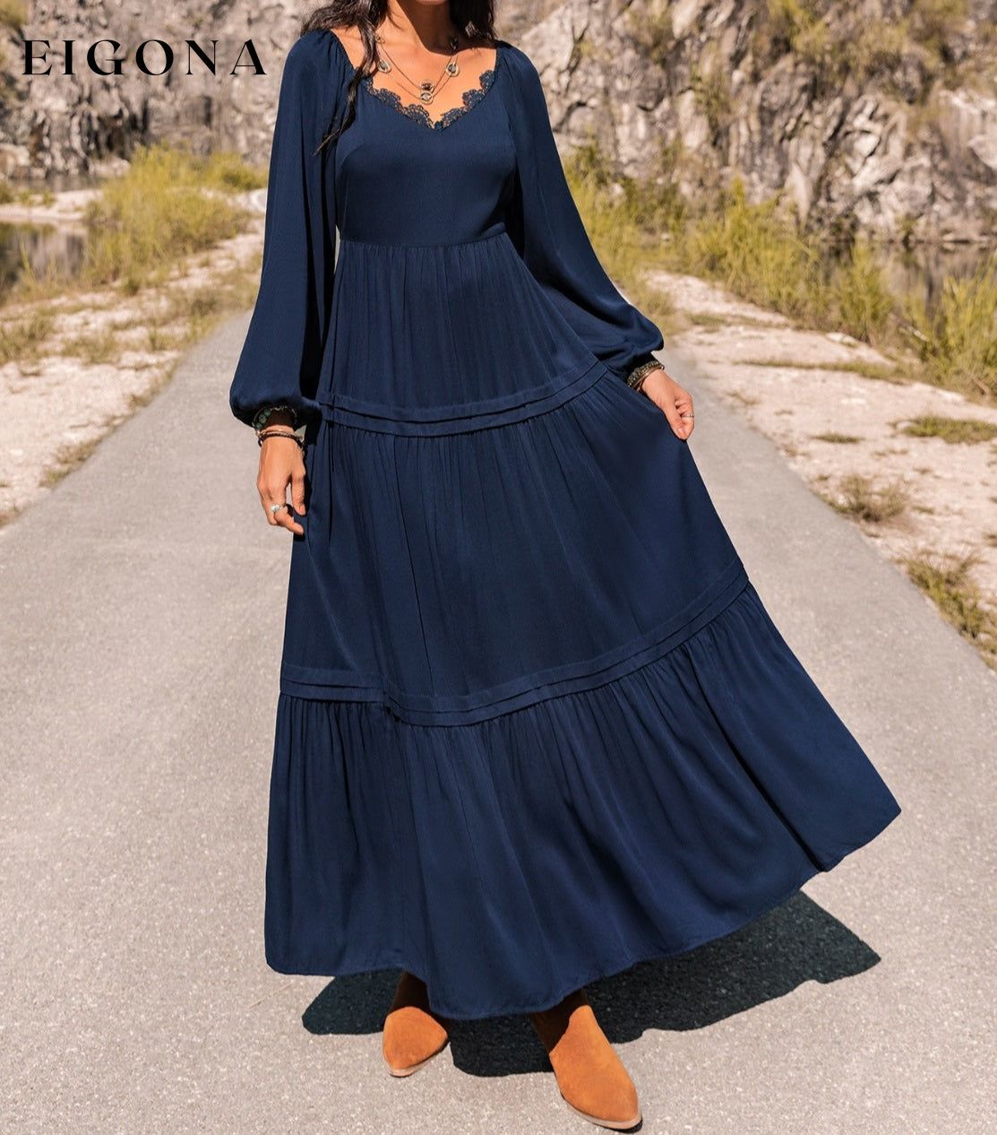 Long Sleeve Lace Trim Maxi Dress casual dress casual dresses clothes dress dresses H.R.Z long sleeve dress Maxi maxi dress Ship From Overseas Shipping Delay 09/29/2023 - 10/04/2023 trendsi