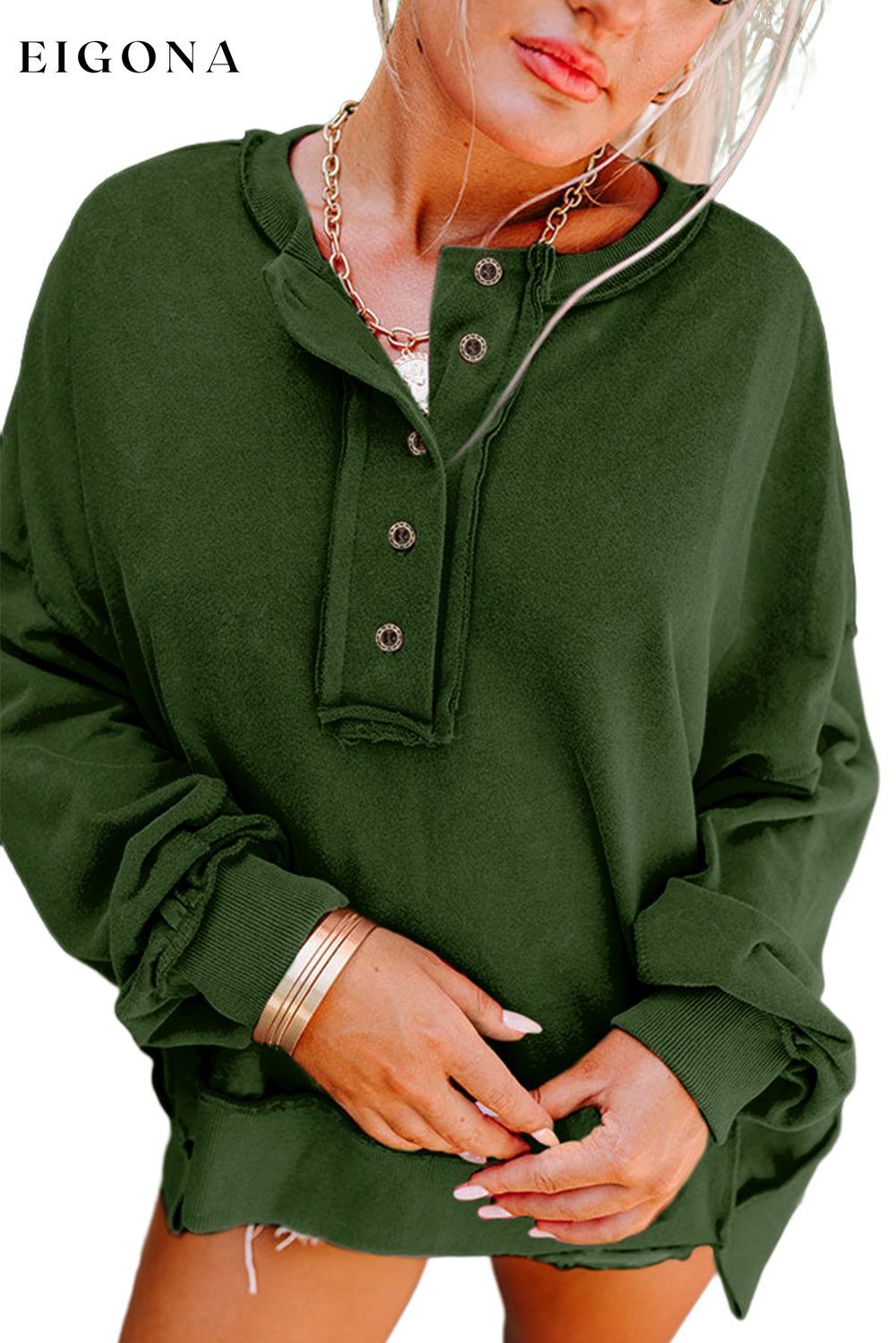Blackish Green Drop Shoulder Henley Buttons Sweatshirt Best Sellers clothes Color Green Craft Patchwork EDM Monthly Recomend Hot picks long sleeve shirt long sleeve shirts long sleeve top Occasion Daily Print Solid Color Season Fall & Autumn shirt shirts Style Casual top tops