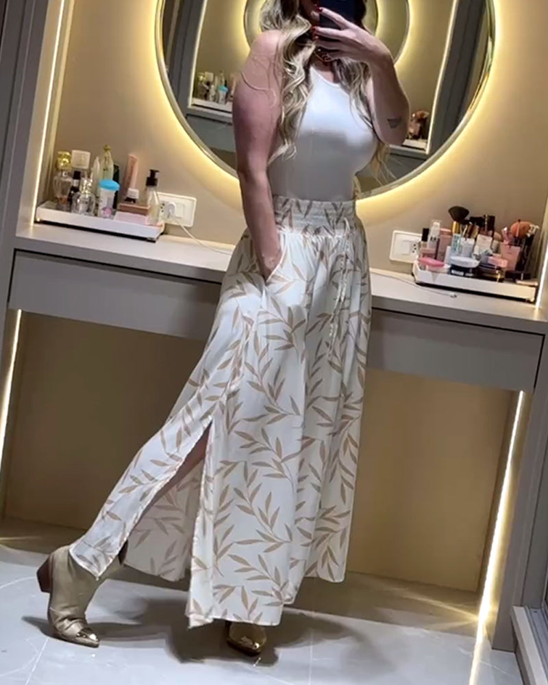 Elastic waist bamboo leaf print slit skirt 202466 skirts spring summer