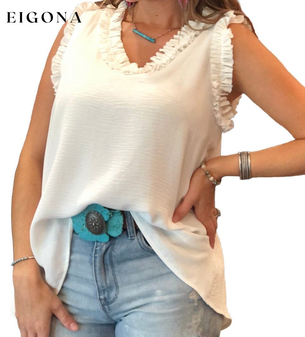 Beige Frilled Trim V Neck Tank Top All In Stock clothes Detail Ruffle Occasion Daily Print Solid Color Season Summer shirt shirts short sleeve Style Southern Belle tank top top tops trend