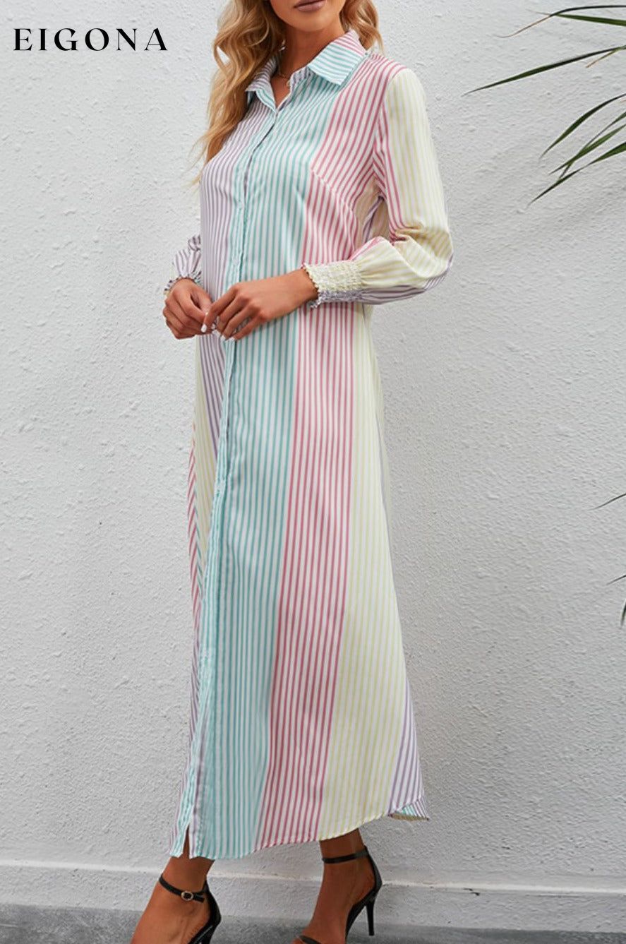 Rainbow Stripe Button-Up Maxi Shirt Dress casual dress casual dresses clothes dress dresses JR maxi dress maxi dresses Ship From Overseas Shipping Delay 09/29/2023 - 10/01/2023