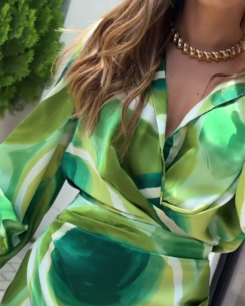 Fashion printed long sleeve waist slit dress 202466 casual dresses spring summer