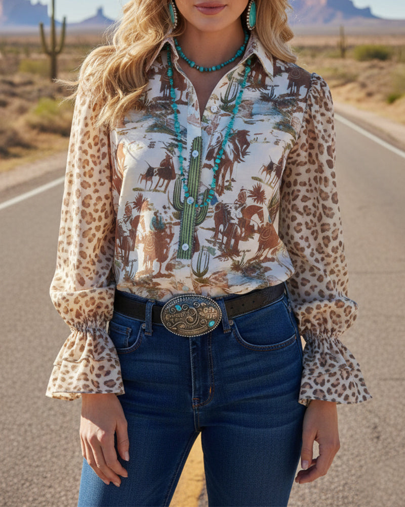 Lapel Vintage Print Puff Sleeve Shirt