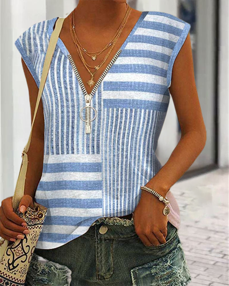 V-neck zipper striped tank top 202466 summer tank tops & camis