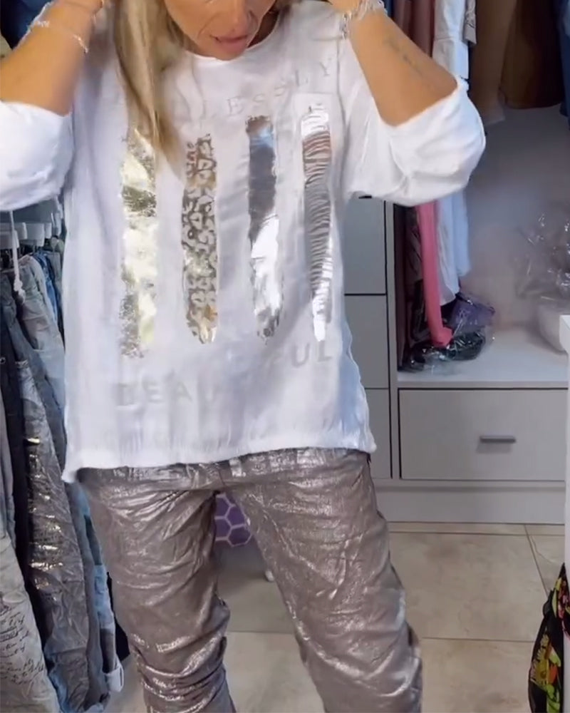 Letter printed long sleeve round neck casual blouse 202466 blouses & shirts spring summer