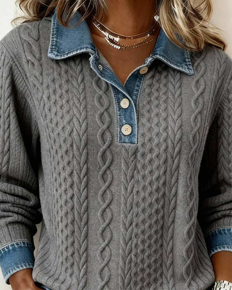 Button Lapel Contrast Casual Sweatshirt