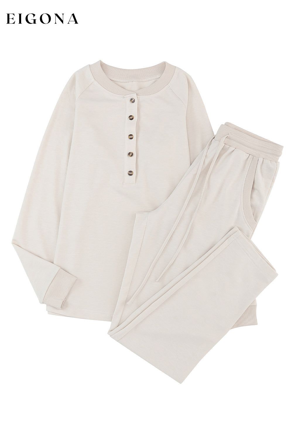 Apricot Long Sleeve Button Top and Drawstring Pants Set 2 piece All In Stock clothes long sleeve setv lounge wear loungewear Occasion Home pants sets Print Solid Color Season Winter set Style Casual