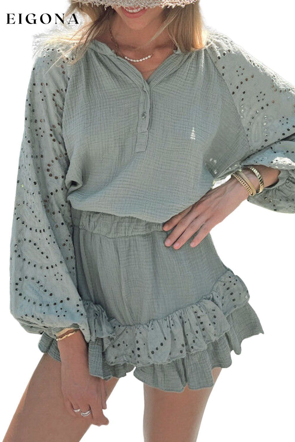 Mist Green Crinkled Eyelet Raglan Sleeve Top Ruffled Shorts Set All In Stock bottoms clothes Detail Ruffle long sleeve top long sleeve tops Occasion Daily Print Solid Color set sets Style Southern Belle top tops Women's Bottoms