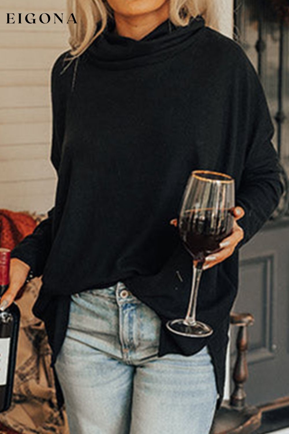 Cowl Neck Long Sleeve Slit Blouse Black clothes long sleeve shirts long sleeve top long sleeve tops Ship From Overseas shirt shirts Sweater sweaters Sweatshirt SYNZ top tops