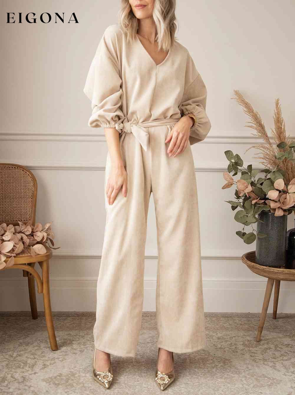 V-Neck Tie Waist Wide Leg Jumpsuit Clothes Ship From Overseas SYNZ