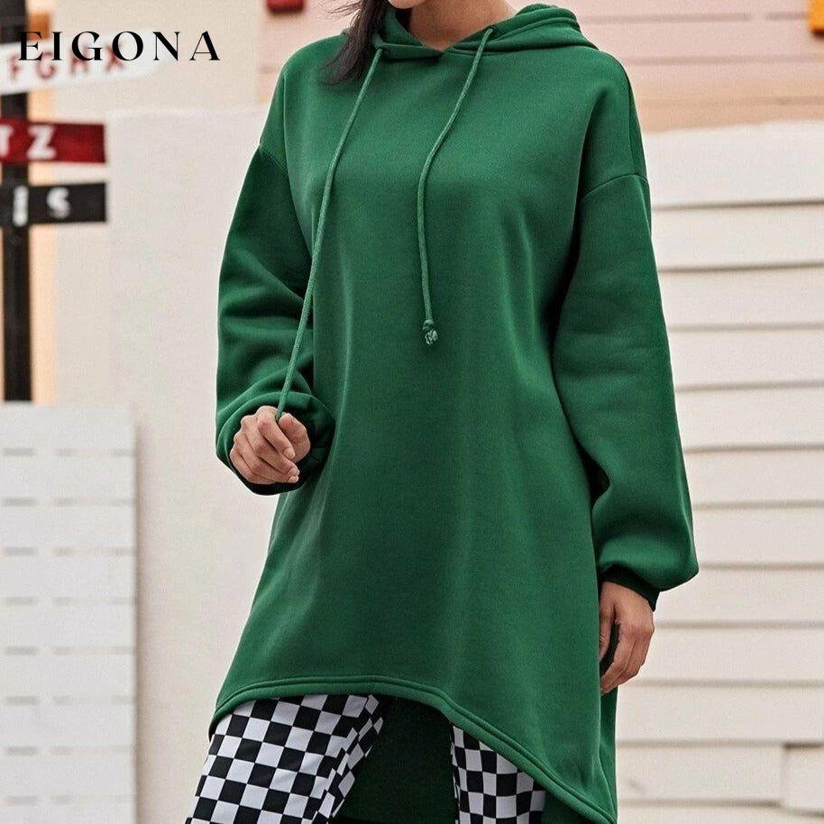 Drop Shoulder Dip Hem Thermal Longline Hoodie Dark Green __stock:500 clothes refund_fee:1200 tops